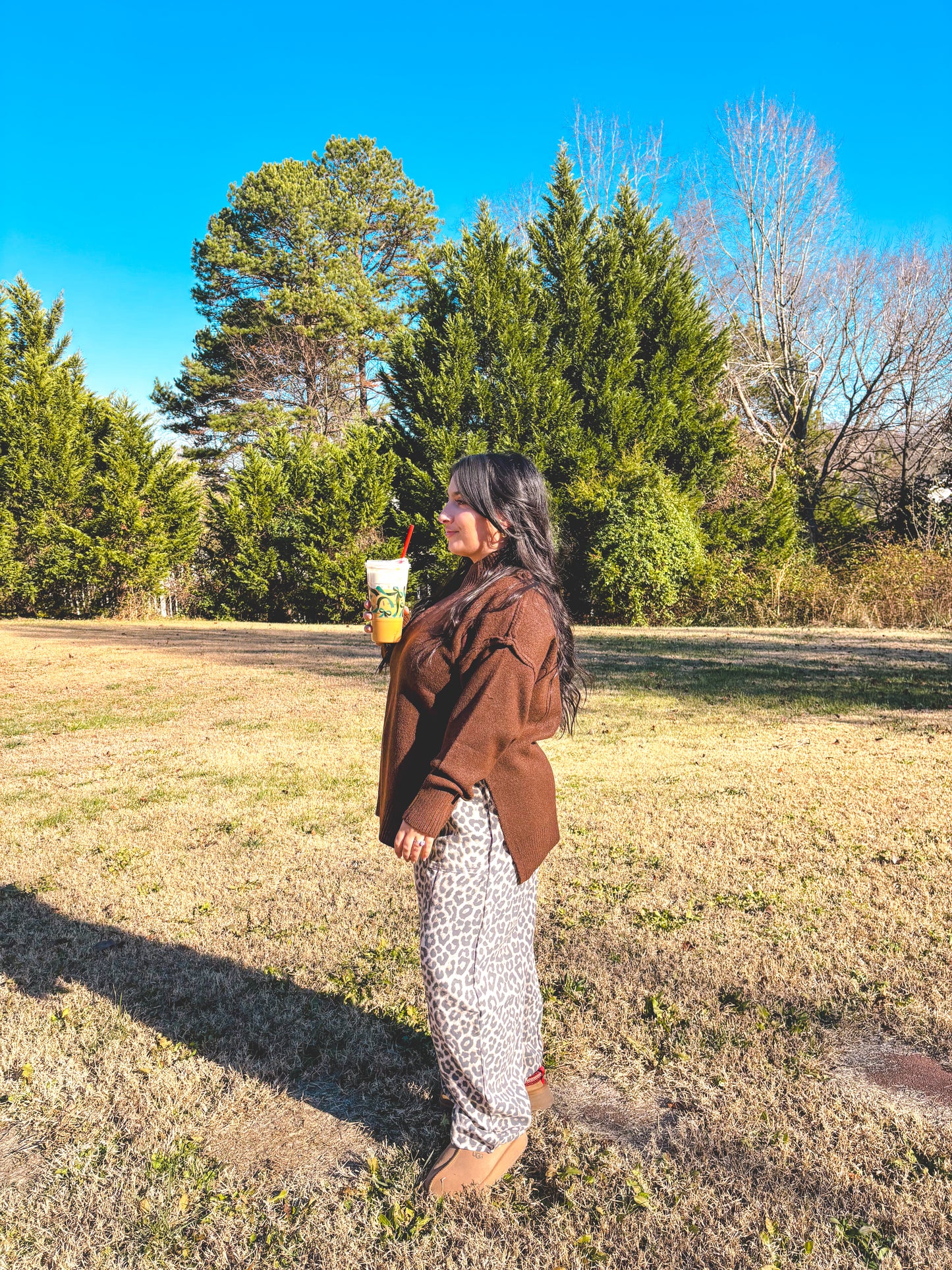 Casual brown sweater and leopard print pants outfit, ideal for cozy, stylish outings.
