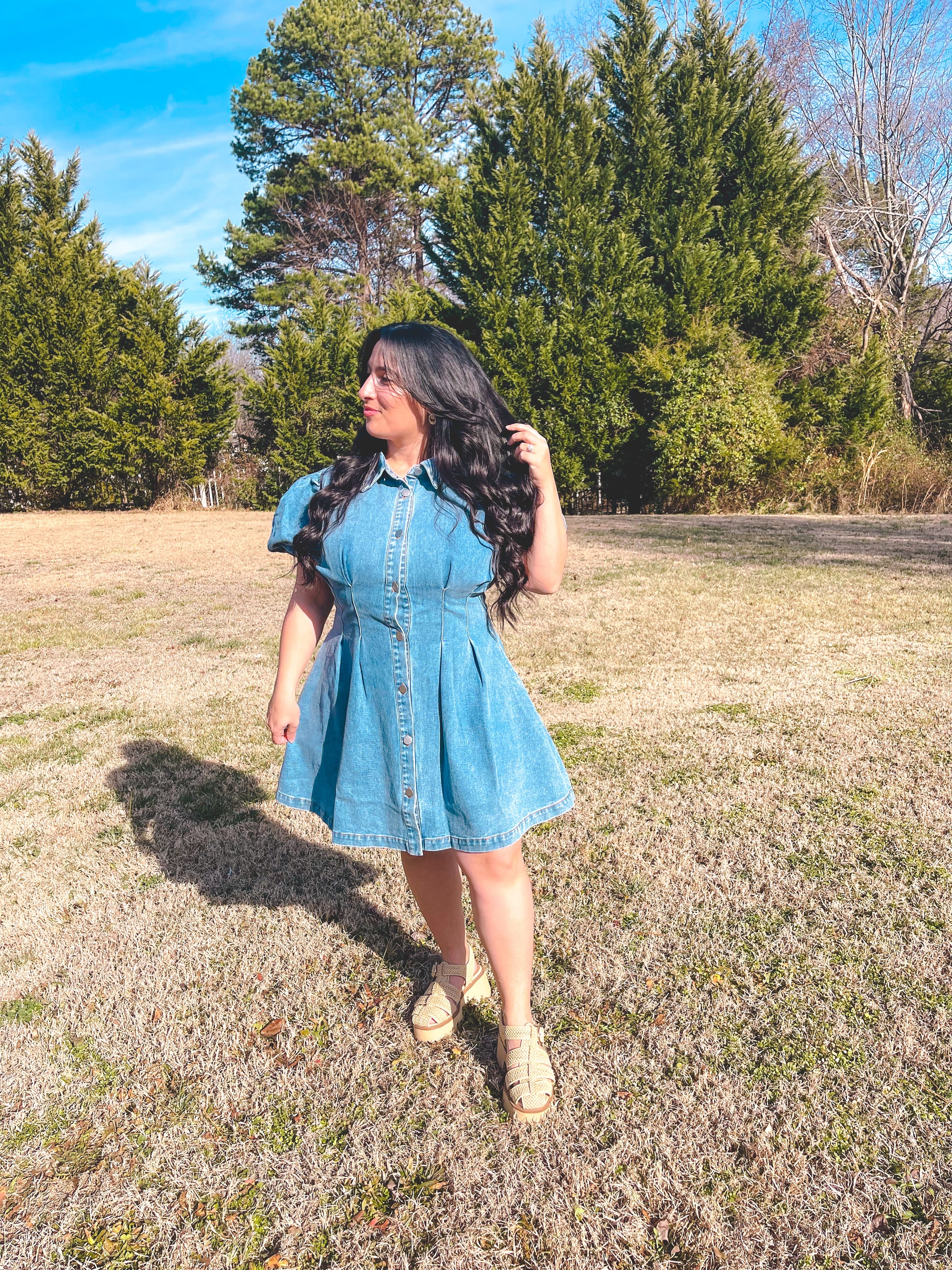 Woman in a blue dress standing in a field with trees in the background