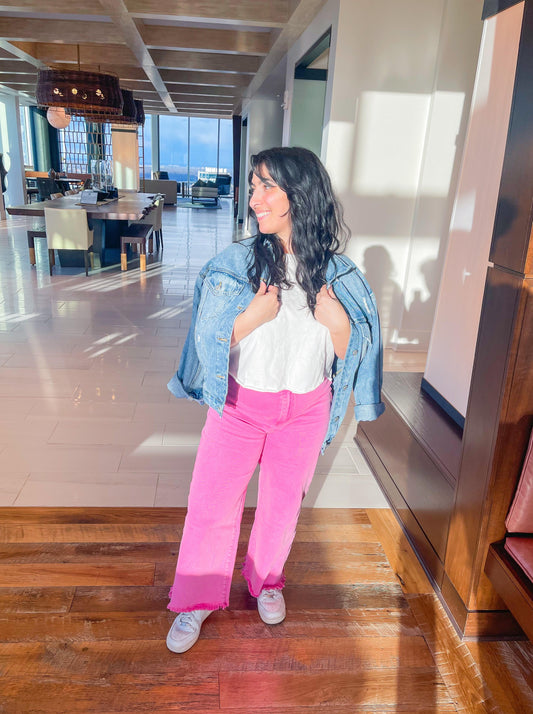 Grace Hot Pink High Rise Wide Leg Cropped Jeans